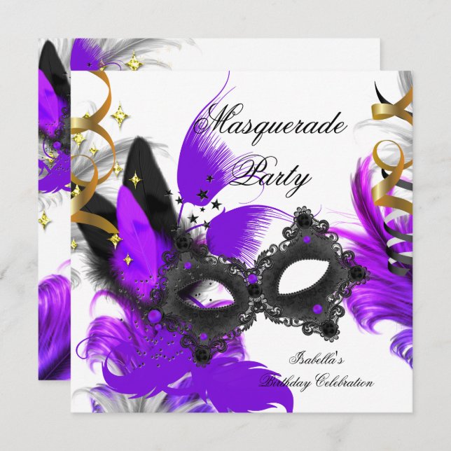 Invitation Mascarade Anniversaire Purple Masque Blanc Noir (Devant / Derrière)