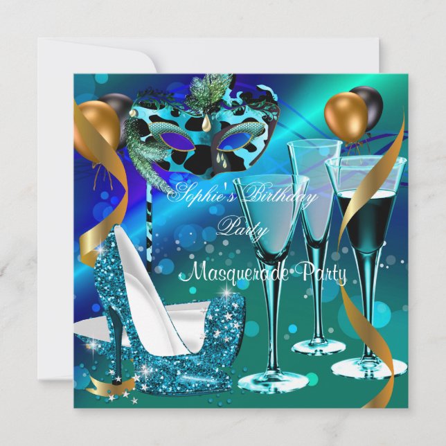 Invitation Mascarade Anniversaire Vin Turquoise Or Stiletto 3 (Devant)