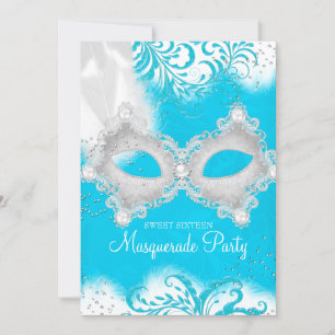 Invitation Mascarade bleu blanc étincelant Mascarade Sweet 16