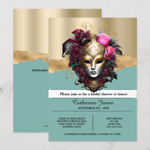 Invitation Mascarade carnaval masque visage bleu or rose rose
