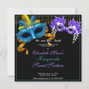 Invitation Mascarade Carnaval Masques à plumes Sweet Sixteen
