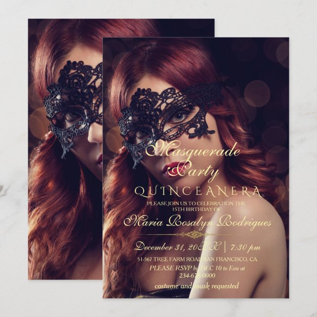 Invitation Mascarade chic moderne Quinceanera Photo (Devant / Derrière)