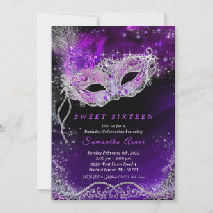 Invitation Mascarade d'anniversaire 16 ans noir et violet 