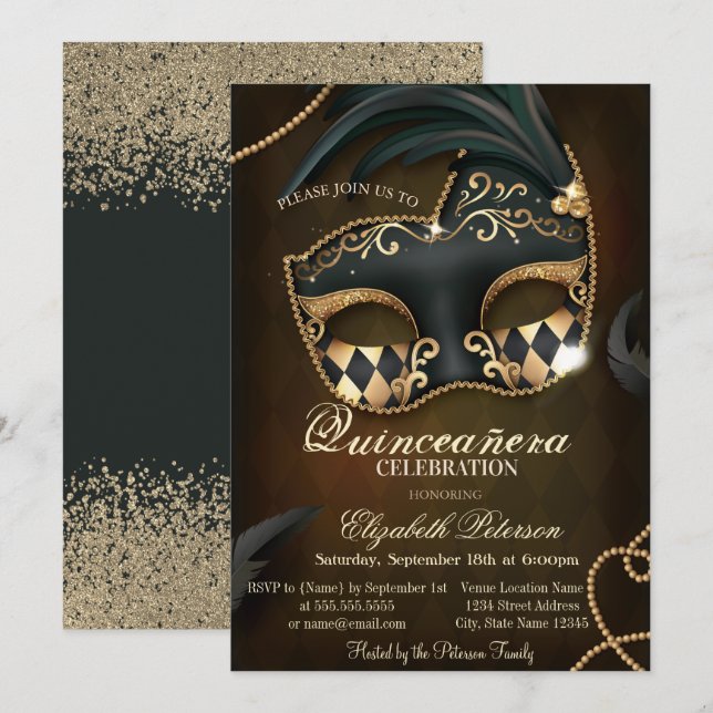 Invitation Mascarade de diamants d'or Faux moderne Quinceañer (Devant / Derrière)