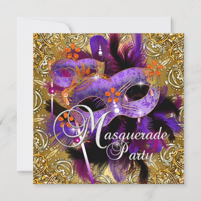 Invitation Mascarade de fête violet orange or argent (Devant)