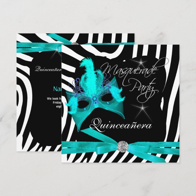Invitation Mascarade de la fête de Quinceanera Turquoise Zebr (Devant / Derrière)