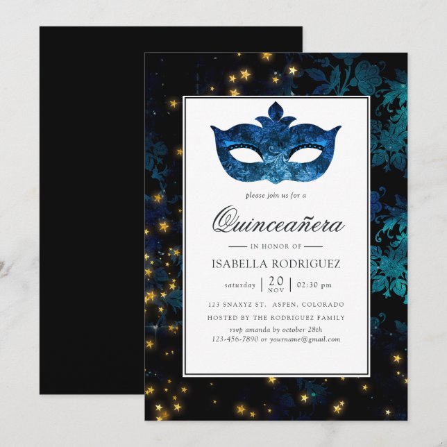 Invitation Mascarade de minuit Damask Quinceañera (Devant / Derrière)