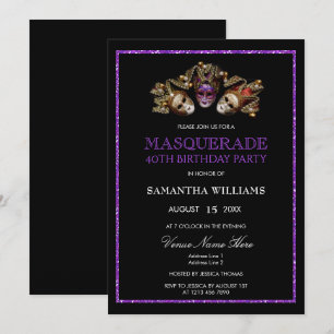 Invitation Mascarade de Parties scintillant violette glamour