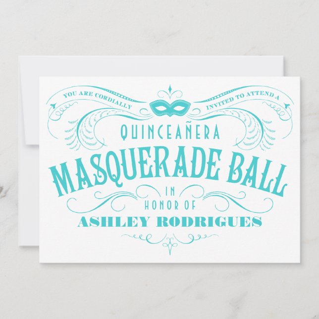 Invitation mascarade de Quinceanera blanche et tur (Devant)