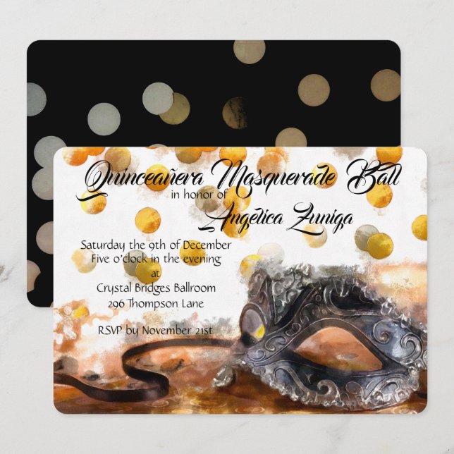 Invitation Mascarade de Quinceañera Gold et Confetti Noir (Devant / Derrière)
