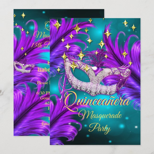 Invitation Mascarade de Quinceanera Mascarade masque Turquois (Devant / Derrière)