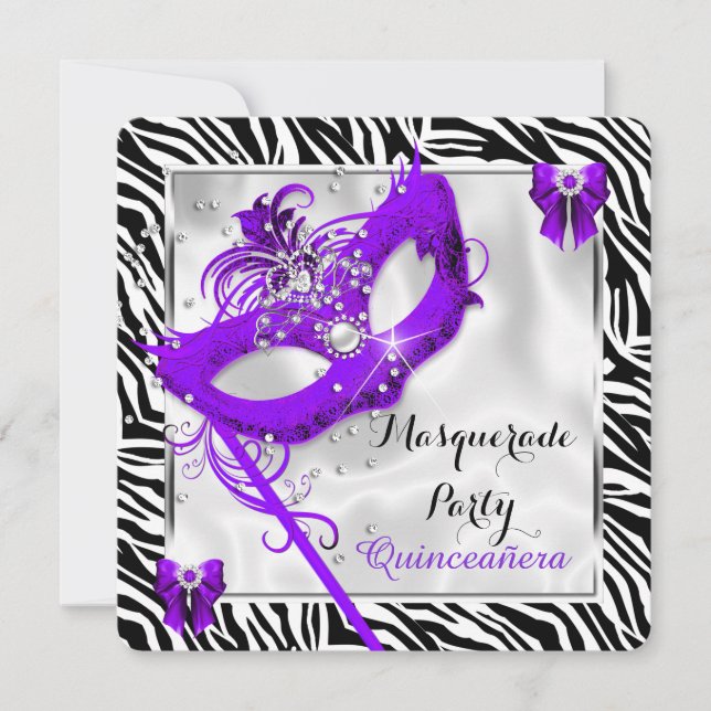 Invitation Mascarade de zèbre pourpre Quinceanera 15ème parti (Devant)