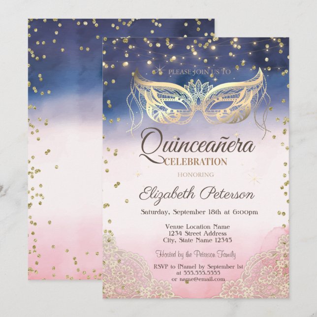 Invitation Mascarade, dentelle, Diamants Ombre Quinceañera (Devant / Derrière)