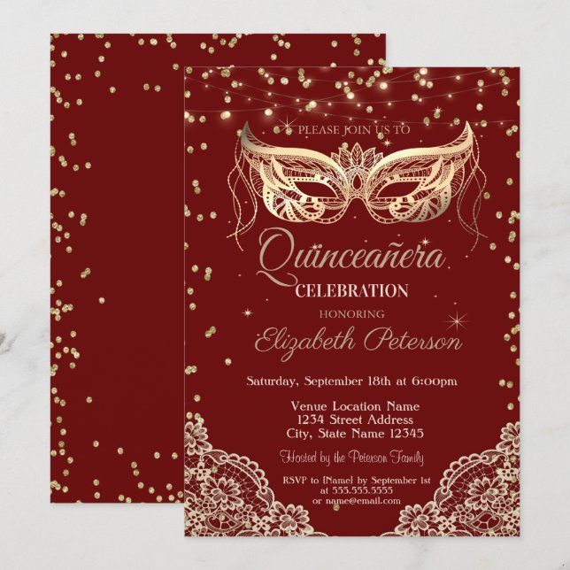 Invitation Mascarade, dentelle, diamants Quinceañera (Devant / Derrière)