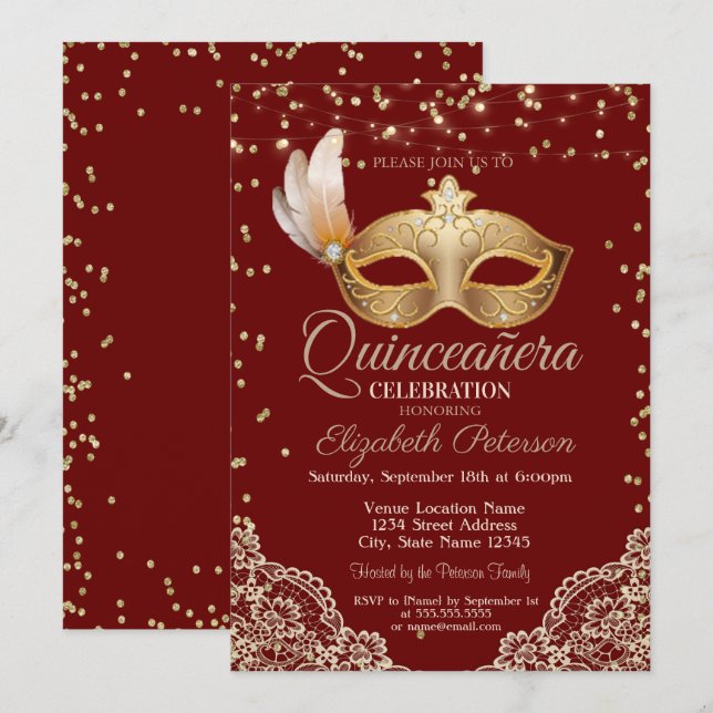 Invitation Mascarade, dentelle, diamants Quinceañera rouge (Devant / Derrière)