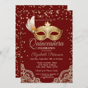 Invitation Mascarade, dentelle, diamants Quinceañera rouge