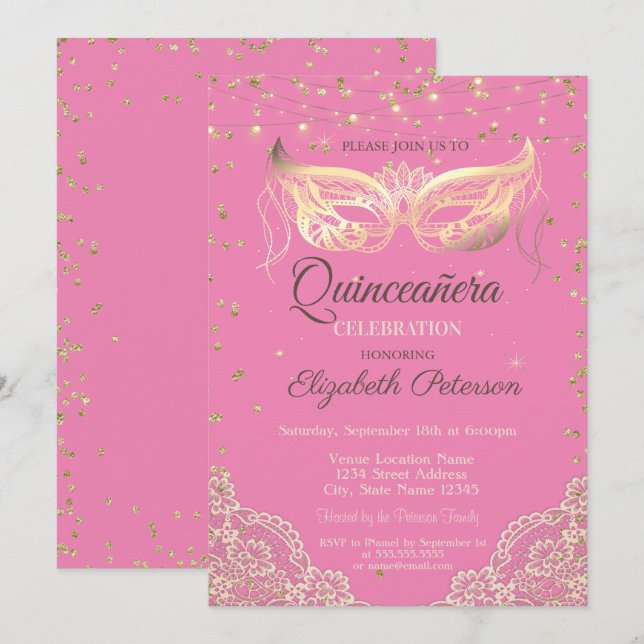 Invitation Mascarade, dentelle, Diamants Rose Quinceañera (Devant / Derrière)