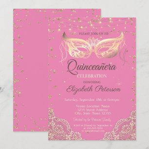 Invitation Mascarade, dentelle, Diamants Rose Quinceañera