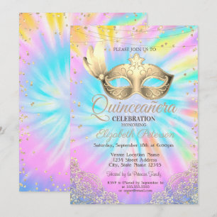 Invitation Mascarade, Dentelle, Diamants Tie Dye Quinceañera