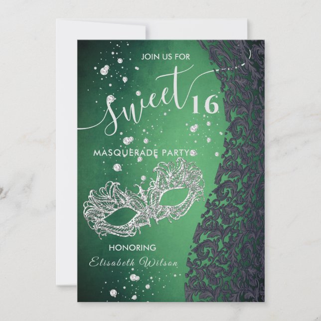 Invitation Mascarade diamant damassé vert doux 16 (Devant)