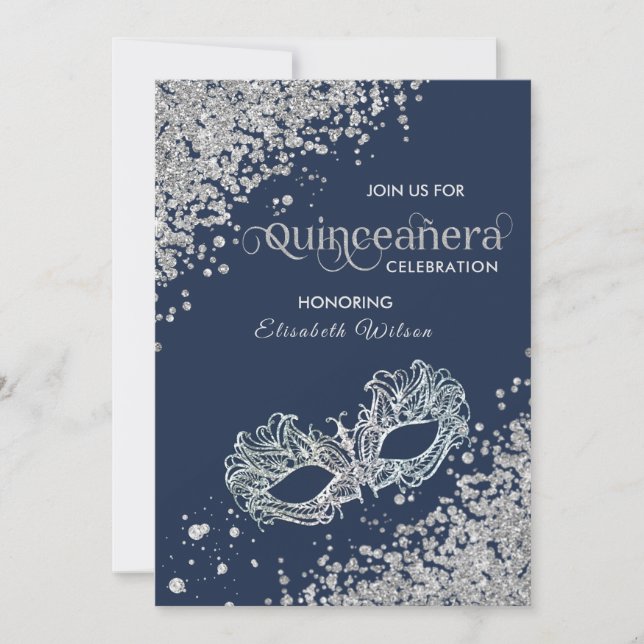 Invitation Mascarade diamant luxe Quinceañera marine (Devant)