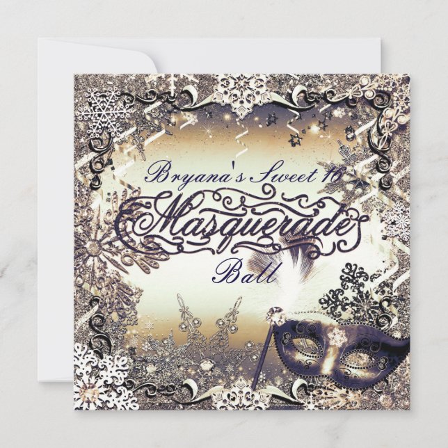 Invitation Mascarade d'or blanc et de bronze hiver Snowflakes (Devant)
