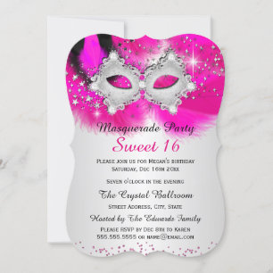 Invitation Mascarade en argent rose chaud doux 16 en dentelle