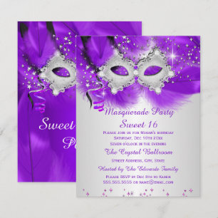 Invitation Mascarade en argent violet doux 16 fêtes Mascarade