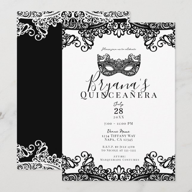 Invitation Mascarade en dentelle blanche et noire 15ème Quinc (Devant / Derrière)