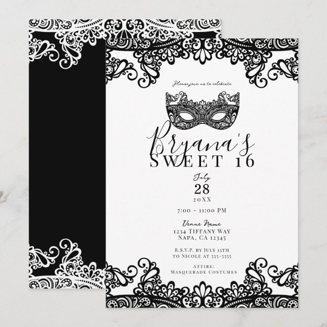 Invitation Mascarade en dentelle blanche et noire Sweet 16 Pa (Devant / Derrière)