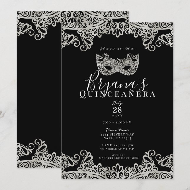 Invitation Mascarade en dentelle noire et argent 15ème Quince (Devant / Derrière)