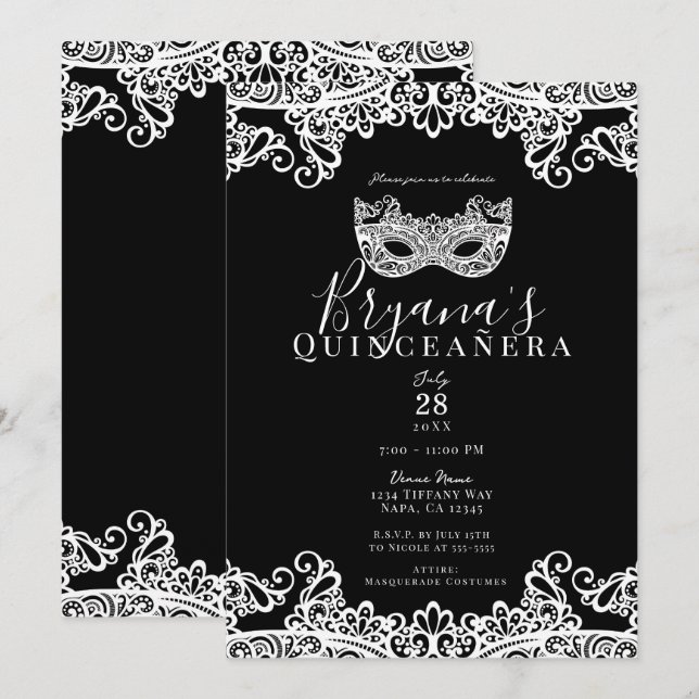 Invitation Mascarade en dentelle noire et blanche 15ème Quinc (Devant / Derrière)