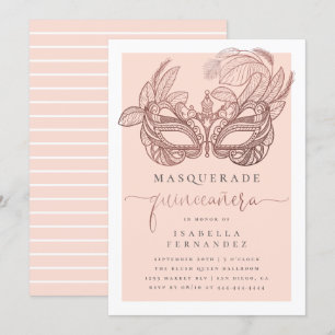 Invitation Mascarade en or blanc et Rose Quinceañera