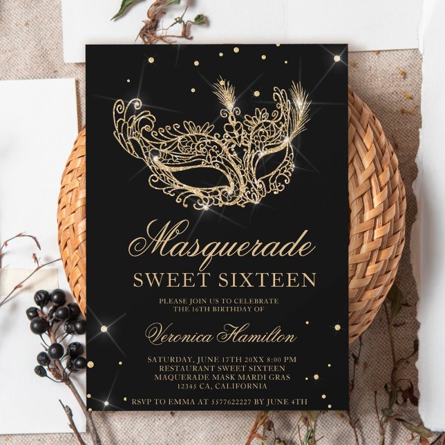 Invitation Mascarade en or noir masque parties scintillant Sw (Masquerade black gold glitter mask Sweet 16 Invitation)