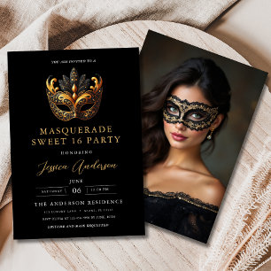 Invitation Mascarade en or noir pour les 16 ans Photo Anniver