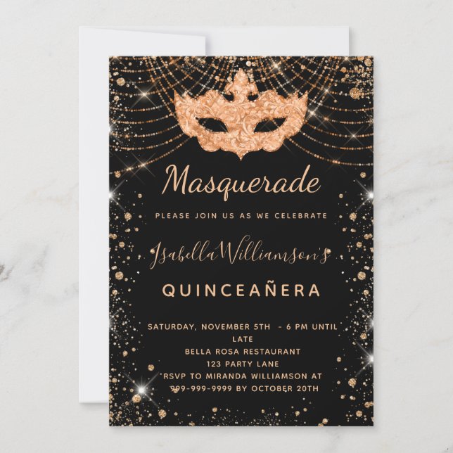 Invitation Mascarade en or noir poussière de parties scintill (Devant)