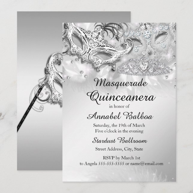 Invitation Mascarade étincelle en argent Quinceanera Party (Devant / Derrière)