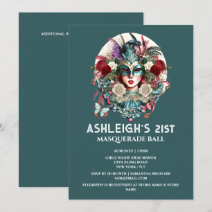 Invitation Mascarade femme d'anniversaire portant un masque t