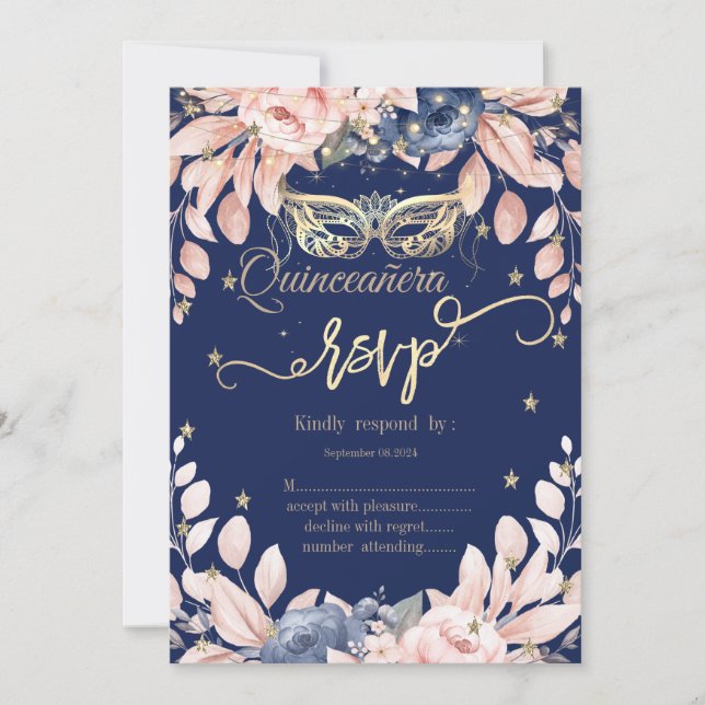 Invitation Mascarade, Fleurs bleues, Étoiles d'or RSVP (Devant)