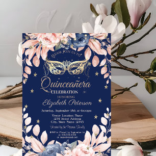 Invitation Mascarade, Fleurs Bleues, Étoiles Dorées Quinceañe