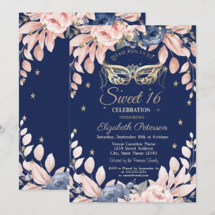 Invitation Mascarade,Fleurs Bleues,Étoiles Dorées Sweet 16