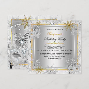 Invitation Mascarade Flocons de Neige Or Masques Argent Fête 