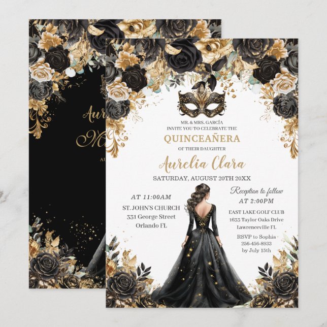 Invitation Mascarade Florale d'or noir Quinceañera (Devant / Derrière)