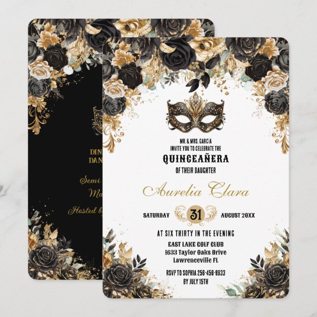 Invitation Mascarade Florale d'or noir Quinceañera (Devant / Derrière)