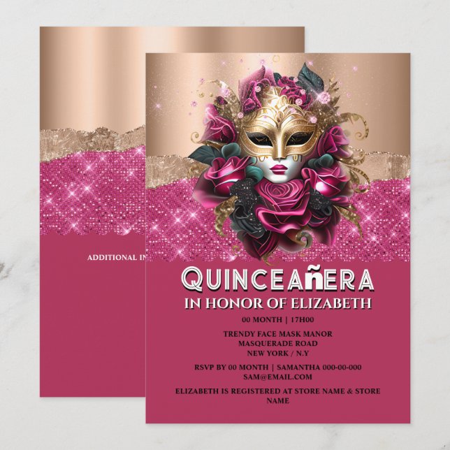 Invitation Mascarade florale rose or Quinceañera anniversaire (Devant / Derrière)