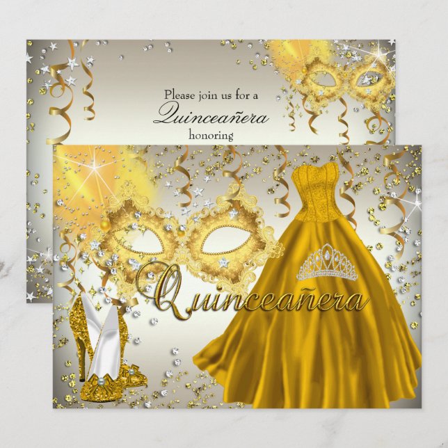Invitation Mascarade Mascarade Mascaret argent or Quinceanera (Devant / Derrière)