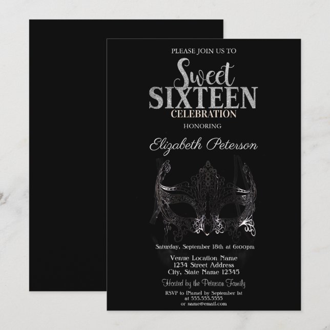 Invitation Mascarade, Masque Argent Douce 16 (Devant / Derrière)