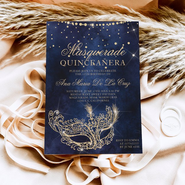 Invitation Mascarade masque chic parties scintillant or quinc (Créateur téléchargé)