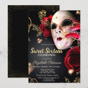 Invitation Mascarade,Masque,Confettis Roses Rouges Sweet 16