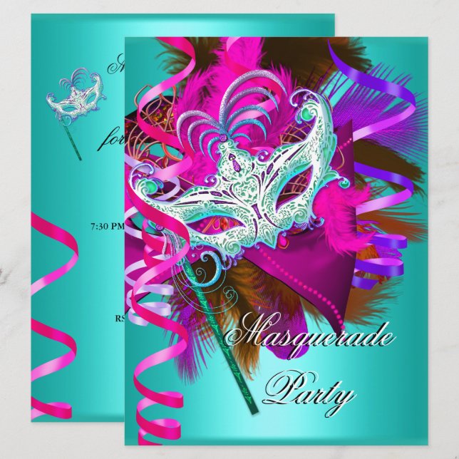 Invitation Mascarade Masque de fête Turquoise rose métal (Devant / Derrière)